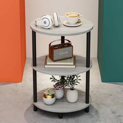 Vista 20 de Mesa auxiliar redonda pequeña, mesa decorativa ovalada de 3 niveles para espacios pequeños, mesita de noche de madera rústica y metal para sala