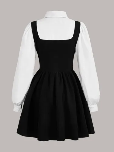 Vista 2 de Floerns Vestido de manga larga abombada 2 en 1 para mujer, con botones en la parte delantera