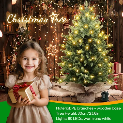 Vista 8 de Mini árbol de Navidad de mesa preiluminado de 2 pies con 60 LED Abeto nórdico artificial, 75 puntas de ramas de polietileno, funciona con pilas Luz