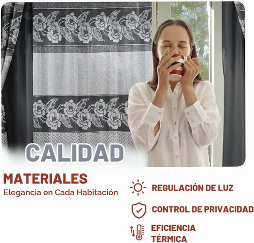Vista 4 de YHSF Cortinas Jacquard de 2 paneles con cenefa y alzapaños, negro, 54x84