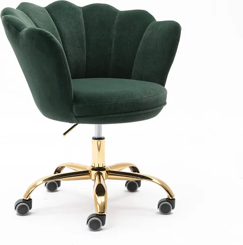 Vista 18 de Cómoda silla de trabajo para oficina en casa con ruedas, bonita y moderna tapizada de terciopelo con respaldo de concha, silla de escritorio Negro