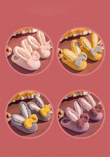 Vista 5 de Pantuflas de algodón de conejo de orejas largas para mujer, pantuflas de invierno para el hogar, pantuflas cálidas de felpa para el hogar, bonitas