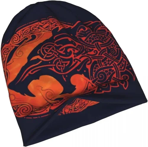 Vista 3 de Gorro de lobo vikingo con diseño de lobo nórdico de fenrir nórdico impreso, cálido, holgado, unisex, para pareja