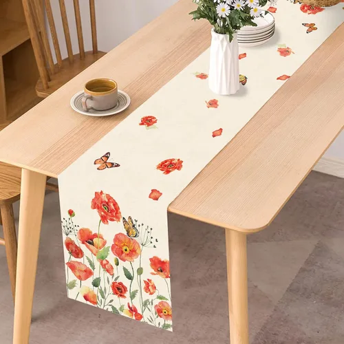 Vista 4 de Seliem Camino de mesa de flores de amapola roja primaveral, acuarela patriótica floral mariposa para el hogar, cocina, decoración botánica, día