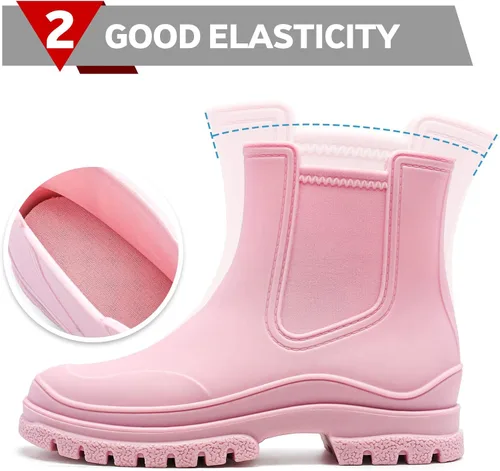 Vista 3 de Hsttgsr Botas de lluvia para mujer, cómodos botines elásticos para adultos, botas Chelsea de tacón medio a la moda, impermeables, antideslizantes