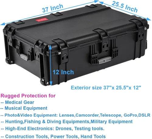 Vista 2 de Regetek Estuche con ruedas con espuma, 37 x 25.5 x 12 pulgadas, funda rígida de transporte con ruedas/3 asas grandes para cámara, herramienta