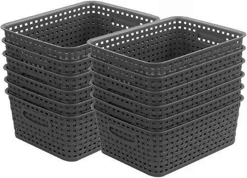 Vista 14 de Cestas de almacenamiento tejidas de plástico negro, paquete de 6 cestas de tejido organizador para cocina, oficina, baño