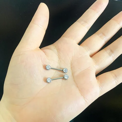 Vista 6 de 1 unidad2 piezas G23 titanio 0.157 in0.197 in CZ pezón anillos de lengua 14G recta circonita cúbica piercing joyería barra ceja prensa ajuste sin