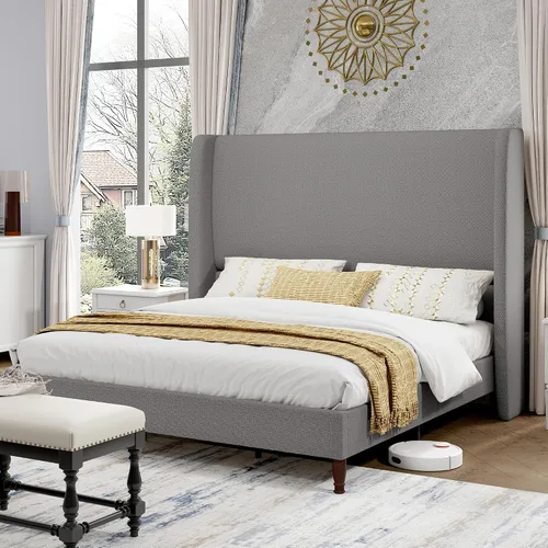 Vista 12 de PaPaJet Base de cama King tapizada de lino de 51.2 pulgadas de alto, color Gris oscuro