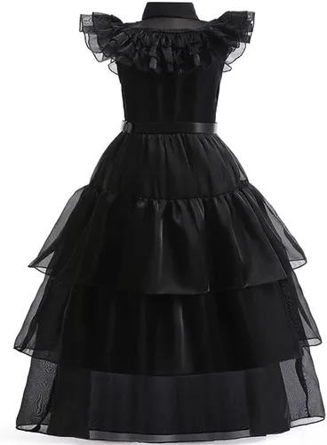 Vista 3 de Wednesday Addams - Vestido de Merlina para niñas, disfraz de Halloween con guantes, cinturón y calcetines, vestido de fiesta de cosplay familiar