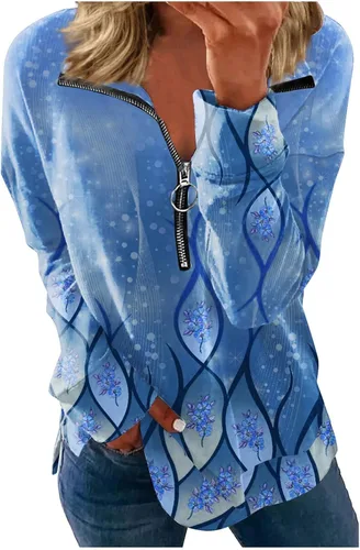 Vista 3 de FlekmanArt Camisetas de entrenamiento para mujer con estampado de manga larga, con cremallera de un cuarto, cuello en V, cómodas sudaderas elegantes