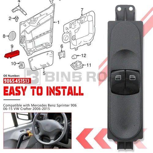 Vista 2 de 9065451513 Interruptor de elevalunas eléctrico del lado del conductor, interruptor de control maestro eléctrico compatible con Mercedes Benz