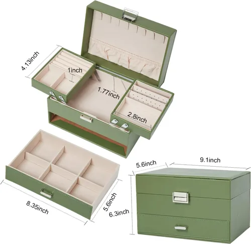Vista 6 de Joyero de 3 capas grande de cuero organizador de joyas para mujeres y niñas, elegante y bien organizado para aretes, anillos, collares, pulseras