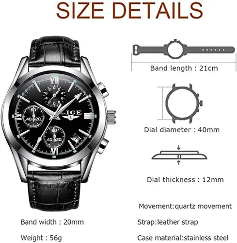 Vista 5 de LIGE Reloj de cuero analógico de cuarzo para hombre, reloj de pulsera para hombre, reloj de negocios casual, impermeable, reloj deportivo negro