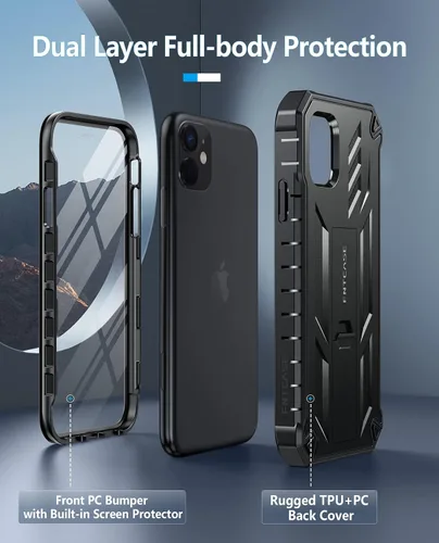 Vista 7 de FNTCASE Funda para iPhone 11: funda para iPhone XR [protector de pantalla y soporte integrados] [protección contra caídas de grado militar] Negro