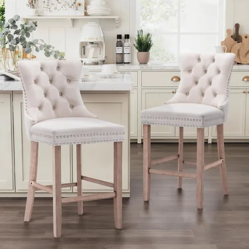 Vista 5 de SoarFlash Juego de 2 taburetes de bar tapizados de terciopelo moderno con patas de madera, botones acolchados, cabeza de clavo cromada, asiento