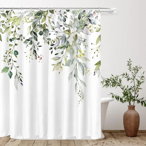 Vista 14 de Tititex - Juego de cortinas de ducha de eucalipto negro, hojas de acuarela gris en la parte superior, con decoración floral de baño, 60 x 72