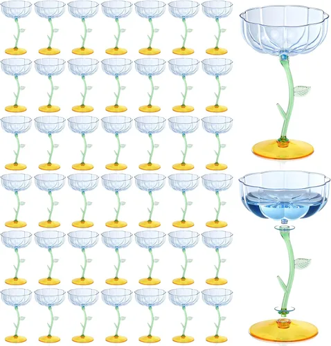 Vista 15 de 12 vasos de plástico azul acanalados cupé desmontables de 7 onzas, copas de cóctel de flores modernas onduladas de plástico, vasos de Martini