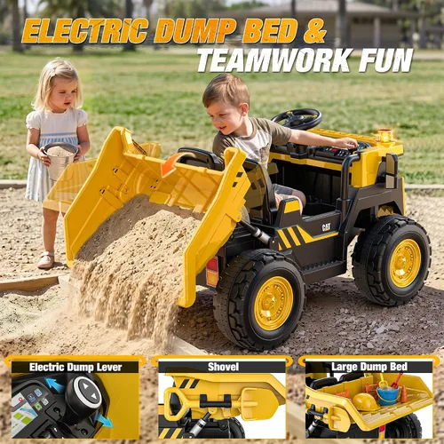 Vista 5 de Camión volquete con licencia Caterpillar de 24 V y 2 plazas para niños Amarillo