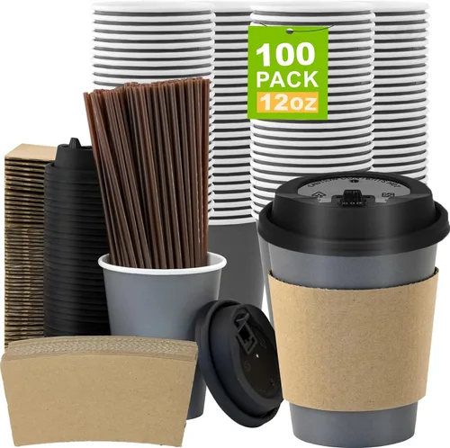 Vista 46 de Paquete de 100 tazas de café desechables de 8 onzas, tazas de papel desechables de color marrón a granel, tazas de café para té caliente, chocolate