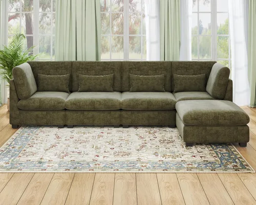 Vista 46 de Sofá Modular de Tamaño Grande, Sofá Seccional de Chenilla Cloud Extra Profundo con Chaise Otomana, Sofá Cama de Chenilla Esponjosa de 5 Asientos