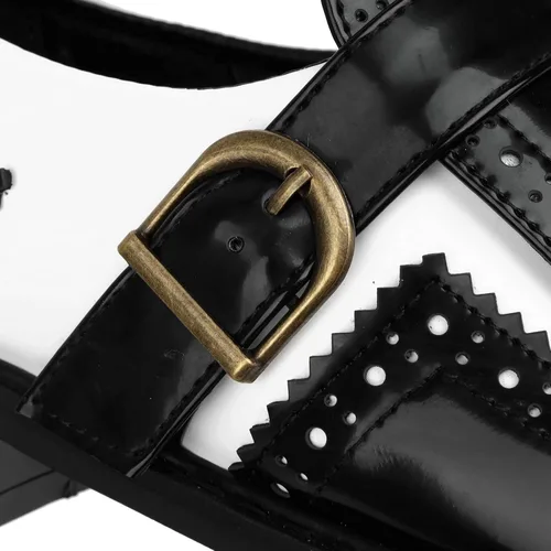 Vista 8 de PIVAPAM Zapatos Oxford negros y blancos para mujer con borla de charol y tacones bajos gruesos sin cordones en la punta de las alas de dos tonos