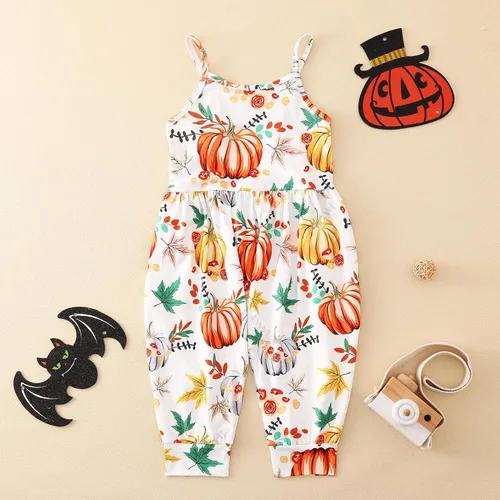 Vista 2 de Mameluco sin mangas para Halloween para niños y niñas pequeñas, lindo traje de harén con gráficos de calabaza, con bolsillos, 1-6 años