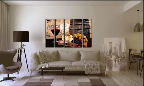 Vista 7 de Gran copa de vino tinto de 5 piezas para decoración de pared, póster impreso en paneles de lienzo, juego de decoración de pared con temática