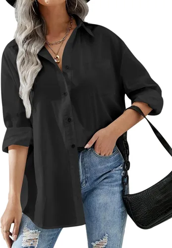 Vista 16 de HOTOUCH Camisas de gran tamaño con botones para mujer, blusa de hombro caída para oficina, de manga larga, estilo novio, camisa de vestir