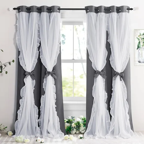 Vista 38 de PONY DANCE Cortinas con Volantes de Doble Capa con Superposición Transparente, Decoración Elegante para Ventanas de Diseño Rústico Francés de Campo