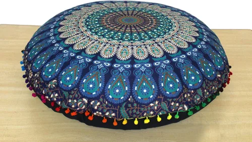 Vista 39 de CRAFT KALA Funda de cojín redonda grande de 32 pulgadas para el suelo bohemio, funda de puf boho, funda de cojín de mandala para meditación, cojines