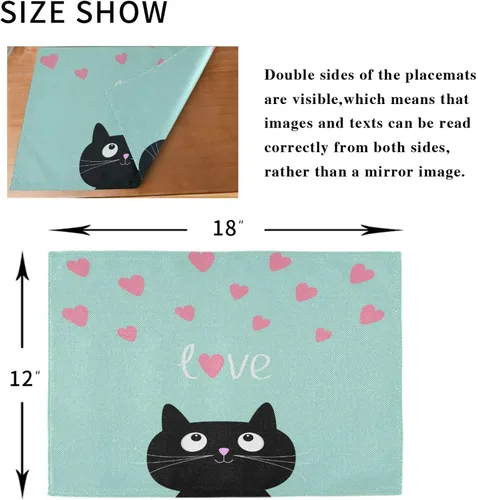 Vista 2 de Juego de 6 manteles individuales con diseño de gato negro y corazones rosados, lavables para cocina, mesa de comedor, resistentes al calor, manteles