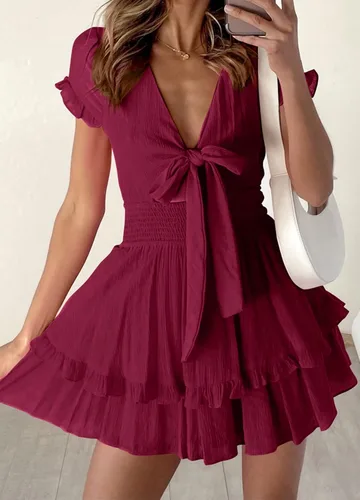 Vista 3 de PRETTYGARDEN - Mini vestido de verano con vuelo para mujer. Vestido corto acampanado con cuello en V y manga corta con volantes en la parte delantera