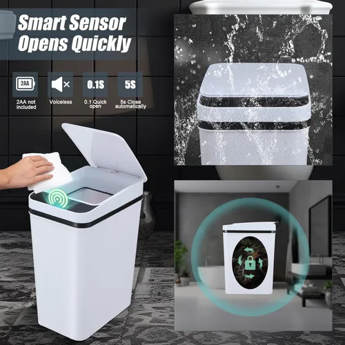 Vista 4 de Maxcheck 3 cubos de basura automáticos para baño con tapa, 3 galones, sensor de movimiento sin contacto, pequeño, delgado, cubo de basura