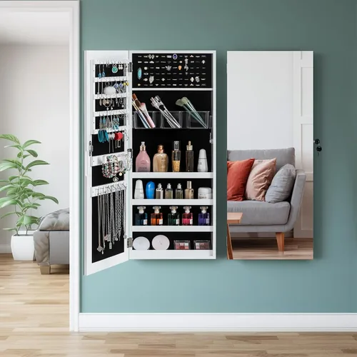 Vista 7 de Knocbel Gabinete de joyería para colgar en la paredpuerta, organizador de joyas con cerradura con estante de 4 niveles, forro de terciopelo suave