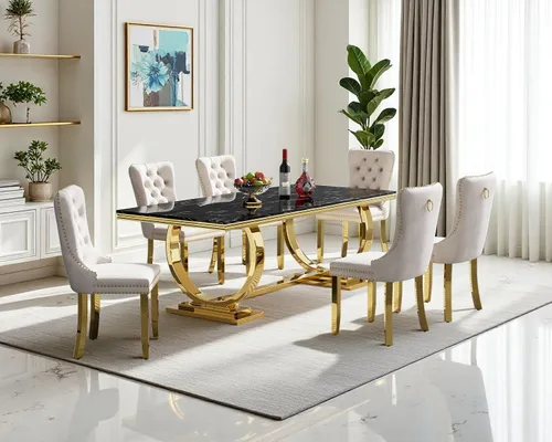Vista 9 de Juego de mesa de comedor de mármol de 68.11 pulgadas para 4, moderna mesa de comedor de mármol sintético con 4 sillas de comedor de terciopelo