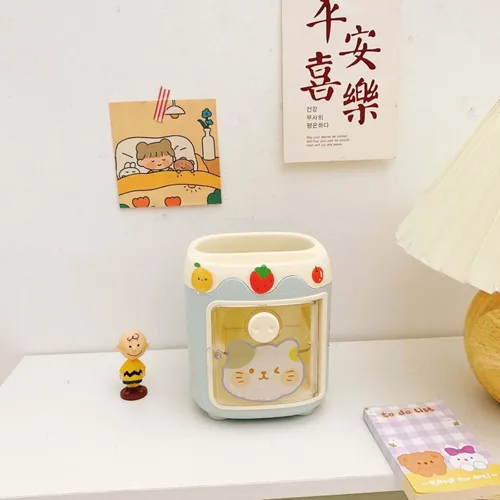 Vista 2 de MLAFE Kawaii Portalápices de Cerdo Lindo Cubo de Almacenamiento de Cosméticos Kawaii Cubo de Almacenamiento Multifuncional Cubo de Papelería de Azul