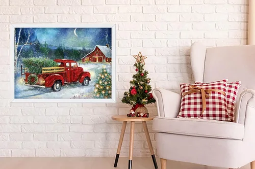 Vista 7 de RUIHA Kit de pintura de diamantes de Navidad, kit de arte de diamantes de invierno para adultos, pintura 5D de camión rojo con taladro completo