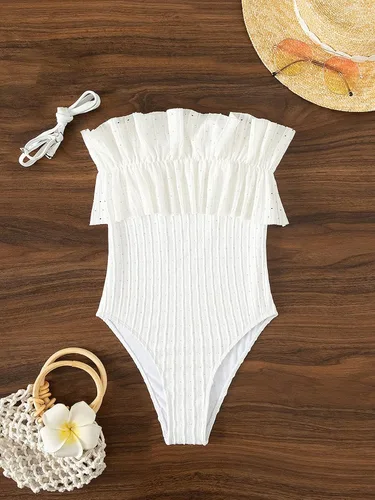 Vista 2 de MakeMeChic Women's Ruffle Trim Eyelet Bandeau One Piece Swimsuit Tube Bathing Suit with Straps