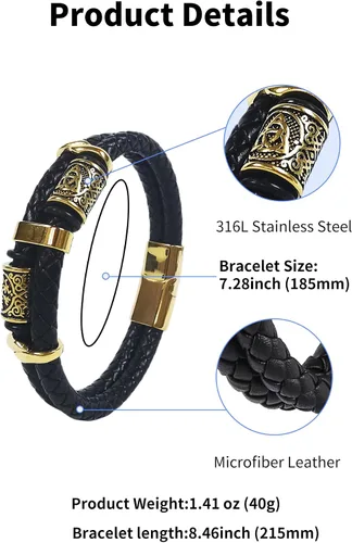 Vista 4 de Pulsera vikinga con brújula celta, brazalete de cuero trenzado negro de 14K bañado en oro para hombres, joyería de acero inoxidable 316L para mujer
