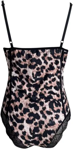 Vista 8 de Body sexy con estampado de leopardo y panel de encaje para mujer, lencería navideña para mujer, talla 8XL (negro, XL)