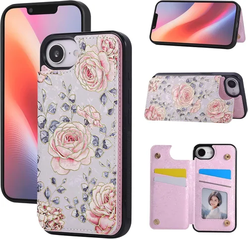 Vista 37 de UEEBAI Funda tipo cartera para iPhone 13 con tarjeteros, piel sintética, diseño floral, función atril, bloqueo RFID, doble cierre magnético, funda