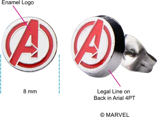 Vista 4 de Aretes hipoalergénicos de acero inoxidable con licencia oficial de Marvel Comics para mujer, diseño de Avenger, unisex, Esmalte