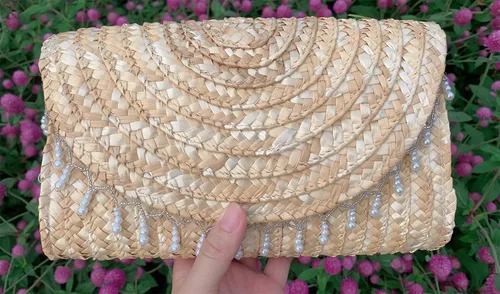 Vista 3 de Bolsos de mano de paja para mujer bolsos de noche de verano bolso de novia bolso de boda vacaciones playa bolso de mano tejido hecho a mano