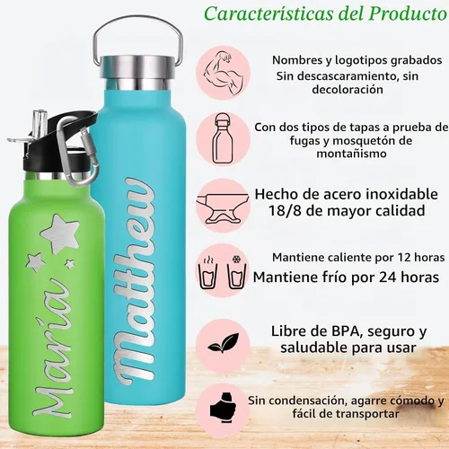 Vista 3 de Botellas de agua personalizadas con tapa de popote de 12/26 onzas con nombre grabado, logotipo, botella aislada personalizada, botellas de agua