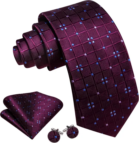 Vista 106 de Barry.Wang Juego de corbatas a cuadros para hombre con pañuelo gemelos de rayas clásicas