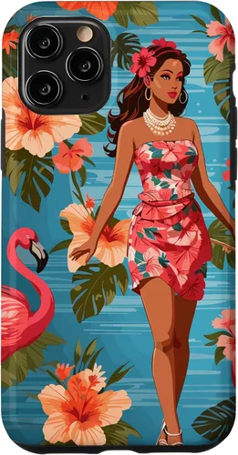 Vista 28 de iPhone 12 Pro Max Vintage Tiki Design - Funda hawaiana retro de flores hula y flamencos