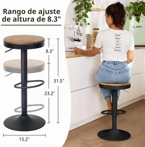 Vista 7 de Kidol & Shellder - Juego de 2 taburetes de bar ajustables giratorios sin espalda, modernos y redondos de madera, sillas de barra de altura sin