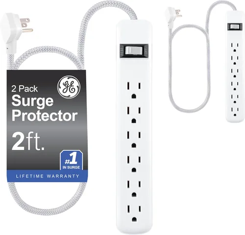 Vista 8 de GE Pro Multicontacto con protector contra sobretensiones de 6 tomas, extensión de 2 pies, 620 julios, regleta de enchufes, enchufe plano
