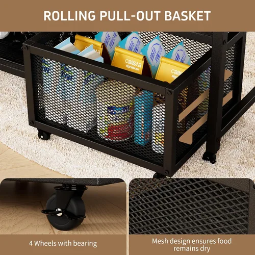 Vista 6 de Mini soporte para refrigerador con toma de corriente, soporte para microondas con estante para vino, barra de café con cestas de almacenamiento